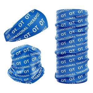 May include: A blue headband and neck gaiter with a white repeated pattern of "OT" and "Occupational Therapist".