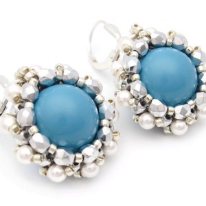 Turquoise earrings - Swarovski pearl earrings - silver earrings - bead woven earrings - beaded earrings - pearl drop earrings -