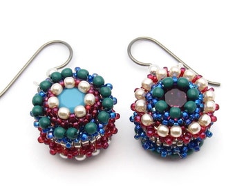 Seed bead earrings -  crystal earrings - Swarovski earrings - pearl earrings - bead woven earrings - beadwork earrings - mismatched earrings