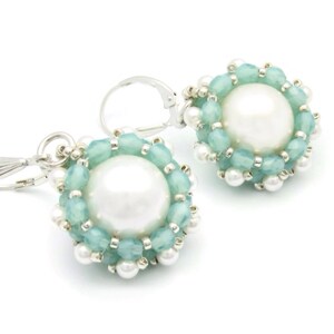 Beaded pearl wedding earrings - mint green earrings - Swarovski pearl earrings - drop pearl earrings - anniversary jewelry gift