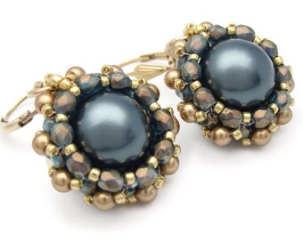 Pearl earrings - Swarovski pearl earrings - gold earrings - Tahitian pearls - bead woven drop earrings - beadwork jewelry