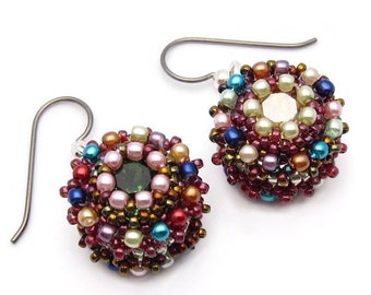 Crystal earrings - seed bead earrings - mismatched earrings - Swarovski earrings - pearl earrings - bead woven earrings - beadwork earrings