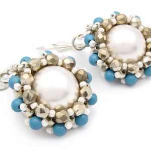 Pearl earrings - beaded earrings - turquoise earrings -  Swarovski pearl earrings - white pearl earrings - bead woven earrings