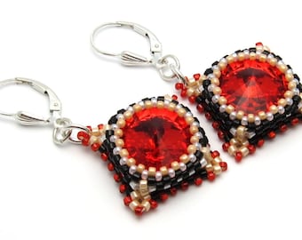 Beaded earrings - red earrings - crystal earrings - bead woven earrings - Swarovski crystal - beadwork earrings - dangle earrings