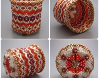 Red ribbon - beaded basket - collectible basket -  seed beads - beadweaving - bead woven basket - art basket