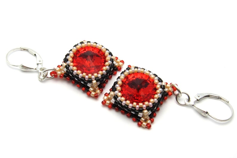 Beaded earrings red earrings crystal earrings bead woven earrings Swarovski crystal beadwork earrings dangle earrings image 2