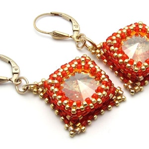 Crystal earrings - red earrings - gold earrings - Swarovski crystal earrings - beaded earrings - bead woven earrings - beadwork jewelry