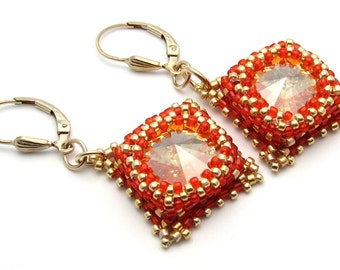 Crystal earrings - red earrings - gold earrings - Swarovski crystal earrings - beaded earrings - bead woven earrings - beadwork jewelry