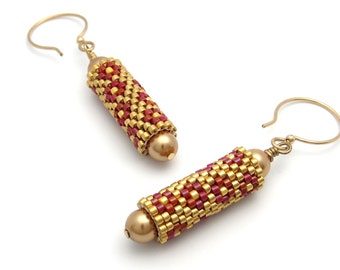 Gold bead earrings - beaded earrings - beaded bead earrings - bead woven earrings - beadwork earrings - peyote stitch earrings