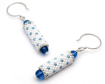 Polka dot earrings - blue beaded earrings - beaded bead earrings - bead woven earrings - blue earrings - seed bead earrings