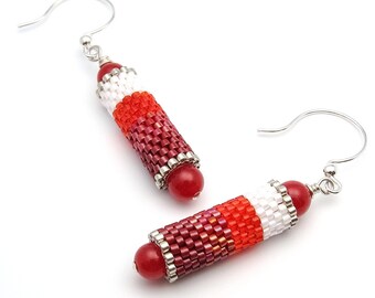 Beaded earrings - beaded bead earrings - bead woven earrings - red ombre earrings - ombre earrings - beadwork earrings - dangle earrings