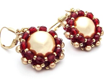 Gold earrings - Swarovski pearl earrings - red beaded earrings - ruby earrings - gold pearl earrings - bead woven earrings - beadwork