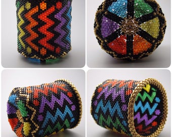 Rainbow pattern - beaded basket - collectible basket - bead art - rainbox basket - beadweaving - lightning - beadwoven basket - pride basket