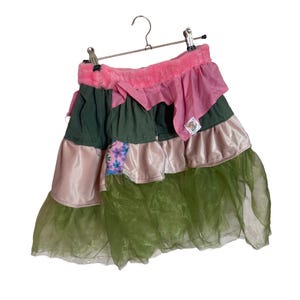 Tiered Ruffle Skirt with Pink Faux Fur Waistband | Upcycled Fairy-Punk Patchwork Mini Skirt | One of a kind