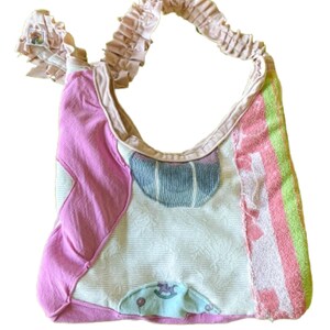 Handmade Upcycled Patchwork Tote Bag – Vintage Y2K Baby Fabric Collage, Ruffle Handle, Cottagecore Aesthetic, One of a Kind Crossbody Bag