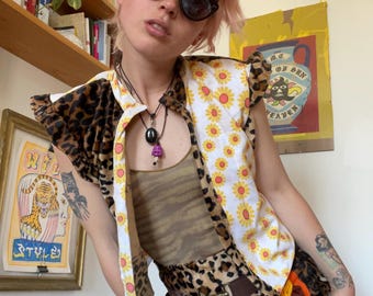 Upcycled Patchwork Vest – Daisy & Leopard Print – Handmade One of a Kind – Festival Wear – Ruffle Shoulders