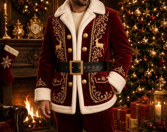 Luxury Red Velvet Santa Jacket, Victorian Embroidery, Faux Fur Trim (Custom Sizing)