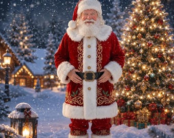 Men's Luxury Santa Suit, Red Velvet Christmas Costume with Fur Trim & Embroidery