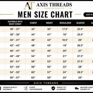 May include: A black and white size chart for clothing labelled Axis Threads Men Size Chart with measurements in inches. The table lists sizes from XS to 6XL, including columns for body chest, chest, waist, shoulder, sleeve, and length dimensions.
