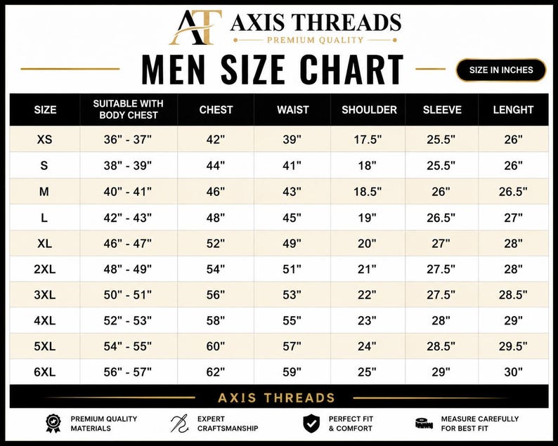 May include: A black and white size chart for clothing labelled Axis Threads Men Size Chart with measurements in inches. The table lists sizes from XS to 6XL, including columns for body chest, chest, waist, shoulder, sleeve, and length dimensions.