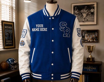 Personalized Blue Wool Varsity Jacket, Embroidered Letterman Bomber (Unisex)