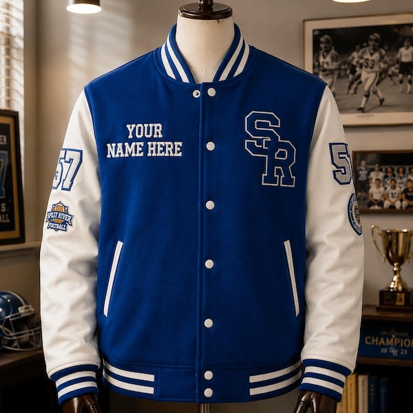 Personalisierte blaue Collegejacke aus Wolle, bestickte Letterman-Bomberjacke (Unisex)