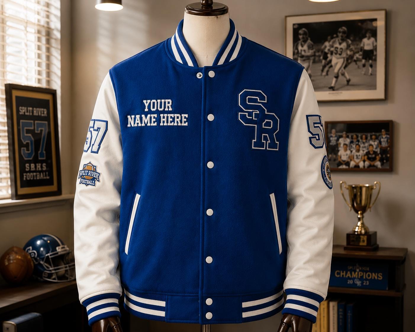 Personalized Blue Wool Varsity Jacket, Embroidered Letterman