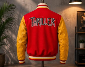 Men's MJ Thriller Michael Jackson Red M Logo Wool Varsity Letterman Jacket