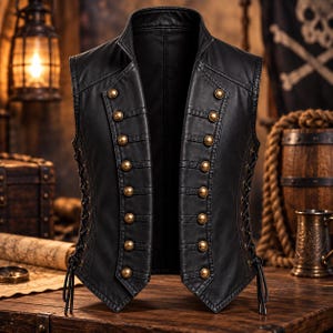 May include: A black sleeveless waistcoat featuring a high collar and two vertical rows of round brass-toned buttons. The sides of the waistcoat are detailed with black cord lacing that runs through metal eyelets, ending in hanging ties at the bottom hem.