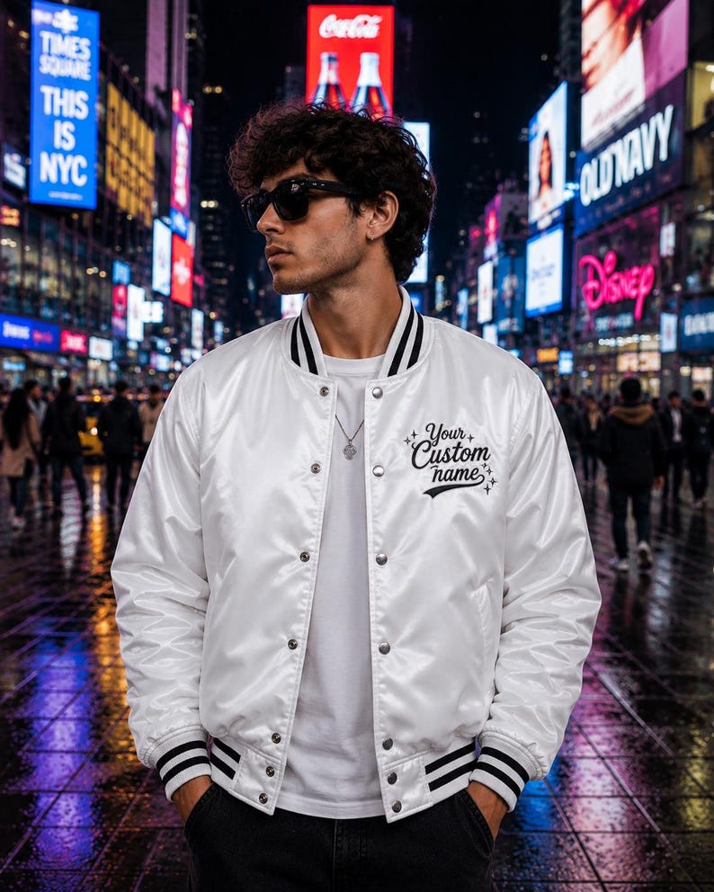 May include: A white satin varsity jacket featuring black and white striped ribbed trim on the collar and cuffs, a snap-button front closure, and the black embroidered text Your Custom name with small star accents on the left chest area.