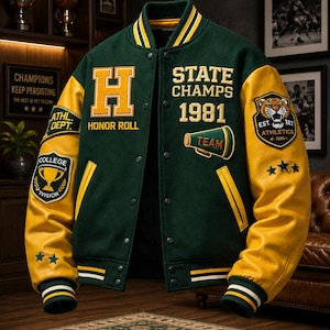 May include: A dark green varsity jacket with yellow sleeves, featuring the text 'STATE CHAMPS 1981', 'H HONOR ROLL', and 'TEAM' with a megaphone graphic. The jacket includes patches of a trophy, a tiger, and stars, with striped ribbed cuffs and collar.