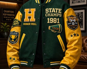 Custom Varsity Jacket, Personalized Letterman, Real Leather Sleeves. Name, Number, Logo and Embroidery