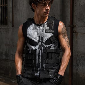 May include: A black tactical vest featuring a large, distressed white skull graphic on the front. The vest includes adjustable side straps, multiple utility pockets, and a rectangular black patch on the chest with the white text JON BERNTHAL.