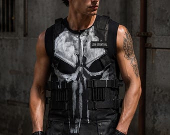 Punisher Skull Leather Tactical Vest, Customizable Name Patch, Halloween Cosplay Costume (Black)