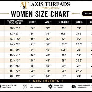 May include: A black and white Axis Threads women size chart in inches. The table lists sizes from XS to 6XL with corresponding measurements for body chest, chest, waist, shoulder, sleeve, and length. Icons at the bottom indicate quality and fit.