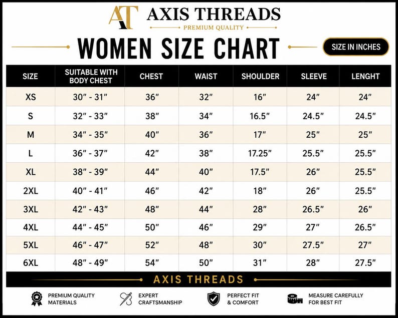 May include: A black and white Axis Threads women size chart in inches. The table lists sizes from XS to 6XL with corresponding measurements for body chest, chest, waist, shoulder, sleeve, and length. Icons at the bottom indicate quality and fit.