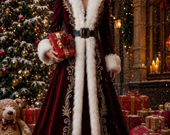 Royal Burgundy Velvet Santa Coat Dress, Gold Embroidery, Faux Fur Trim (Holiday Outfit)