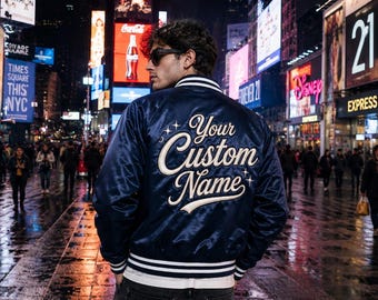 Personalized Satin Varsity Jacket, Custom Name Letterman Bomber, Unisex Streetwear