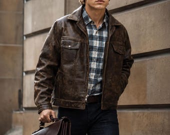 Men's Trucker Distressed  Leather Bomber Jacket In Dark Brown