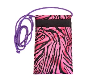 May include: A rectangular pouch featuring a vibrant pink and black zebra stripe pattern. The pouch includes a black horizontal fabric band across the top and a purple braided cord strap attached to the sides for carrying over the shoulder.