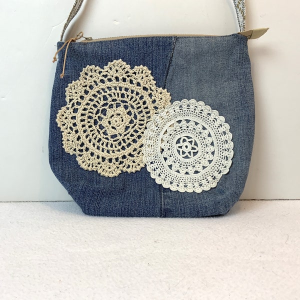 Upcycled Jeans Shoulder Bag Medium Denim Day Bag Repurposed from Jeans Double Doily Collection  UPCY-83