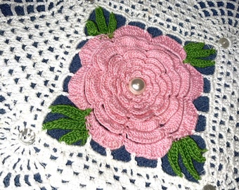 Upcycled Denim Shoulder Bag: Vintage Doily & Pink Flower Applique SSBS6-232
