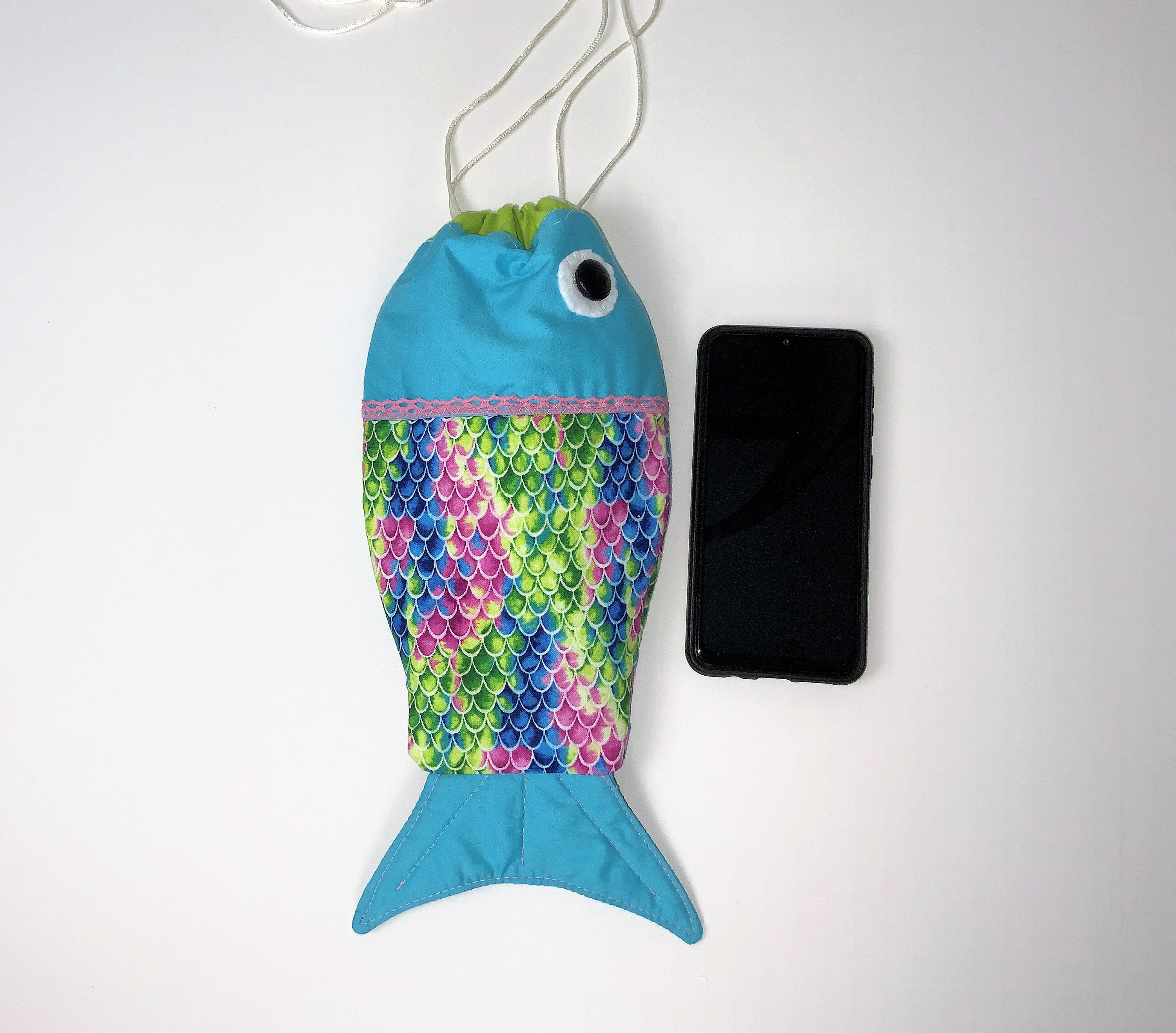 Fish Drawstring Bag Drawstring Shoulder Bag Little Fish Shaped 10-inch Body Teal - Etsy