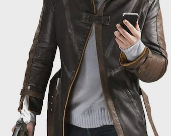 Trench coat in vera pelle marrone di Aiden Pearce, personaggio di Watch Dogs - Disponibile in tutte le taglie.