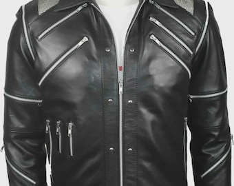 Chaqueta de cuero negra Beat It de Michael Jackson con mangas extraíbles de malla plateada
