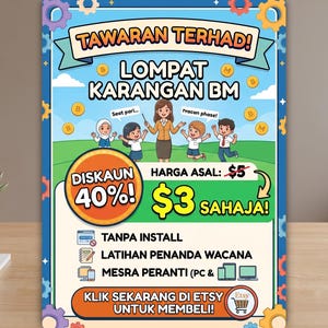 May include: A promotional flyer for Lompat Karangan BM educational material. The design features a teacher and students, a 40% discount badge, and text detailing features like no installation required, writing exercises, and device compatibility.