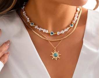 Ras de cou en perles, bijoux mauvais œil, collier de surfeur, bijoux de plage, colliers de perles, bijoux en perles, 3 pièces, ensemble de colliers bleu marine, collier soleil