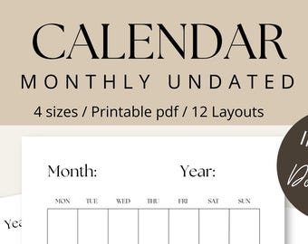 Minimalistisk odaterad månadskalender utskrivbar: 12 layouter (PDF)
