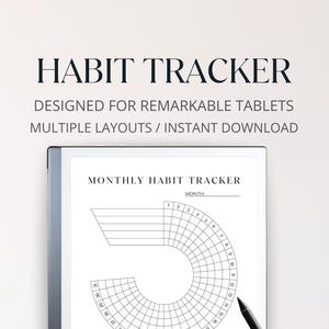 May include: A black and white printable monthly habit tracker designed for Remarkable tablets. The tracker features a circular grid with numbers 1-31, a section for daily habits, and a section for notes. The text "MONTHLY HABIT TRACKER" and "MONTH" are at the top of the page. The text "MADE BY SOULINSPIREDSTORE" is at the bottom of the page.