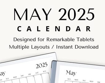 May 2025 Calendar for Remarkable 1 & 2 | Minimalist Monthly Layout | 3 Versions + Monday or Sunday Start